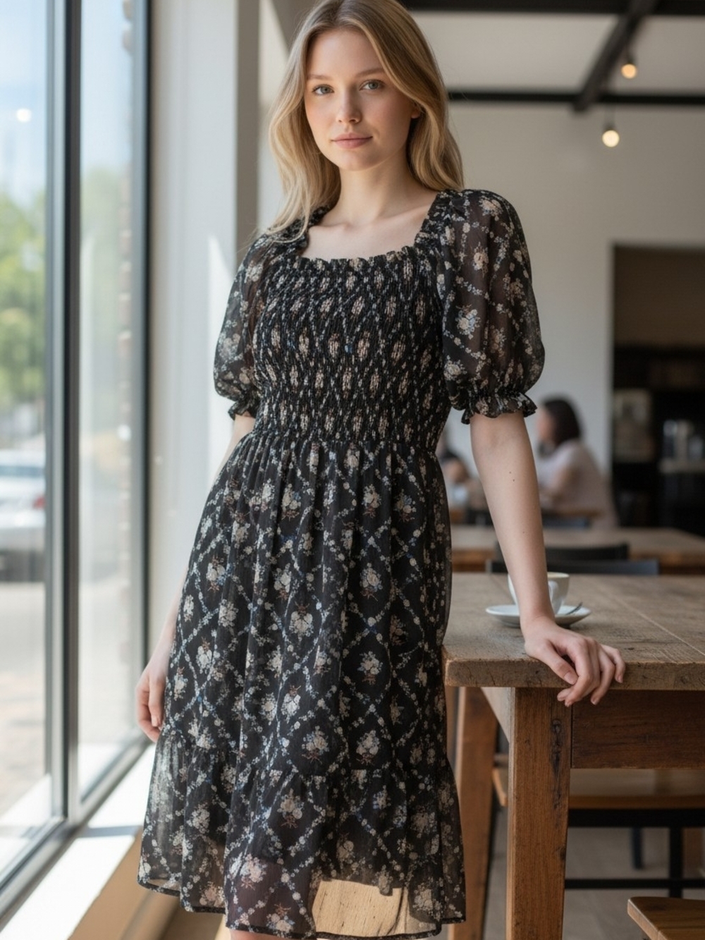 LC Lauren Conrad Black Floral Smocked Midi Dress Sz L